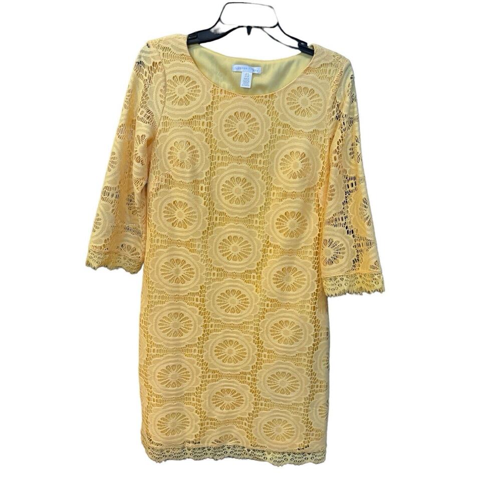 London Times Ivory Yellow Lace Longsleeve Dress. Size 8